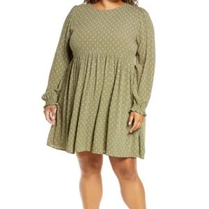 NWT BP. Frill Cuff Long Sleeve Dress In Olive Branch Daisy Dot